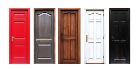 A collection of five distinct doors in various colors including red. gray. brown. white. and black. different styles and textures. ideal for architectural design inspiration