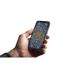 Hand holding smartphone with intricate pattern and golden design, showcasing creativity and modern style, perfect for tech blogs or artistic content creators