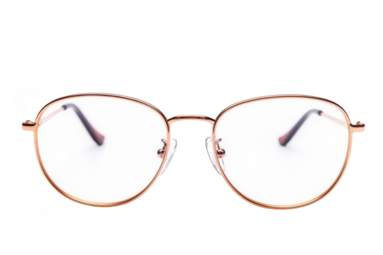 A pair of stylish eyeglasses with a rose gold frame and transparent lenses. centered against a clean white background. ideal for fashion or eyewear promotional content