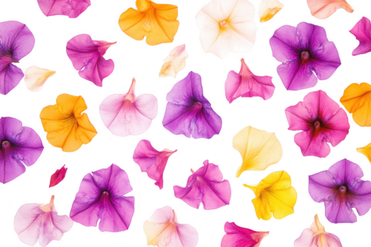 A arrangement of delicate flower petals in various shades of purple. orange. pink. and yellow scattered artfully on a clean white background. ideal for use in nature-themed designs and floral composit