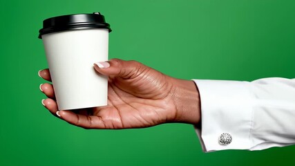 A person in a white shirt holding a disposable coffee cup against a vibrant green background