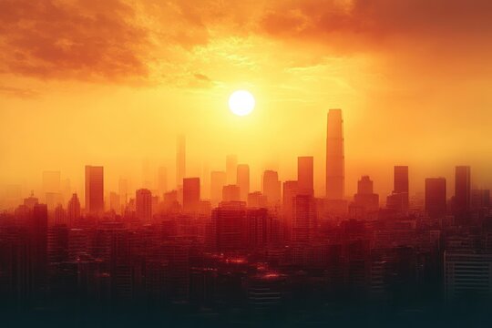 Hazy orange sunset over a sprawling modern city skyline with tall skyscrapers, glowing sun and misty clouds, evoking a warm dramatic and atmospheric mood