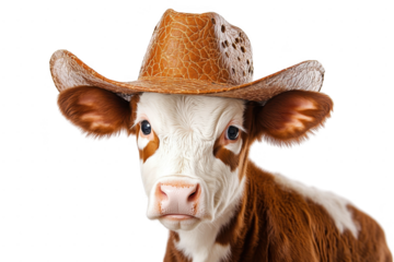 A charming young calf wearing a stylish cowboy hat. posing against a plain white background. evoking a playful and whimsical atmosphere. suitable for childrens products or farm-themed content