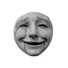 Eerie monochrome mask with a paradoxical expression of smiling through tears, exploring themes of hidden sadness, emotional complexity, and the masks we wear in modern society