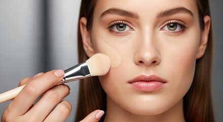 A woman applying makeup to her face with a brush.