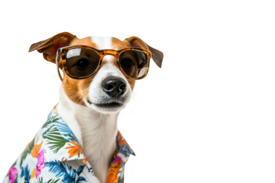 A stylish dog wearing sunglasses and a colorful floral shirt poses confidently against a clean white background. perfect for summer-themed marketing or pet-related content