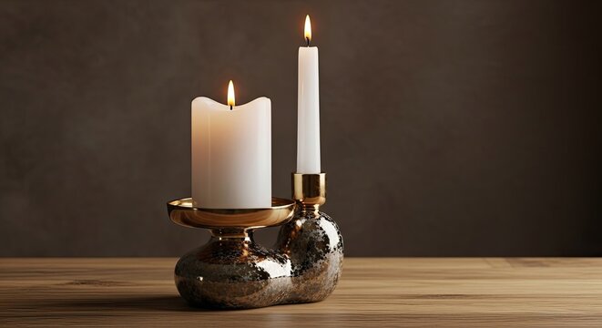 Two lit candles on a wooden table against a dark background. - Powered by Adobe