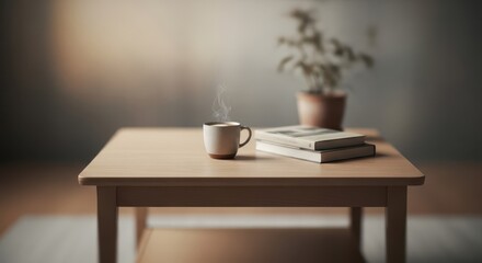 Steaming beverage rests beside stacked literature on a simple wooden surface