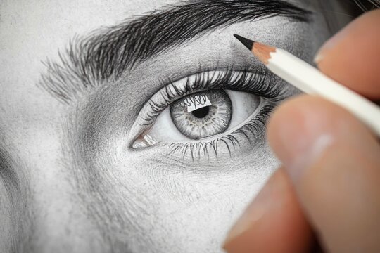 close-up of a photorealistic pencil drawing of a human eye with detailed eyebrow and eyelashes being shaded by a hand, evoking focused calm and meticulous concentration