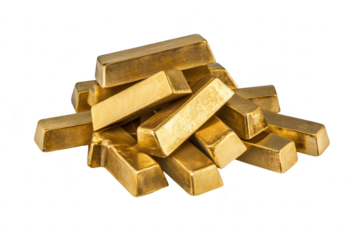 A pile of gleaming gold bars stacked haphazardly. their shiny surfaces and reflecting light. set against a clean white background. ideal for financial or luxury-themed content