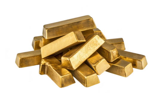 A pile of gleaming gold bars stacked haphazardly. their shiny surfaces and reflecting light. set against a clean white background. ideal for financial or luxury-themed content