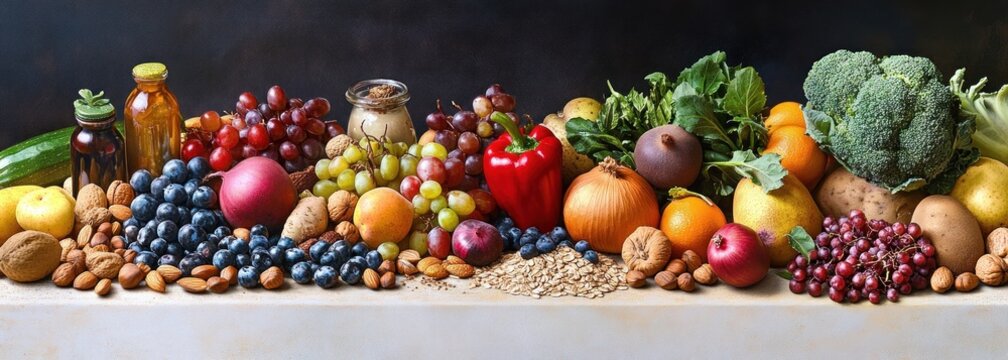 Abundant still life of fresh fruits, vegetables, nuts, jars of honey and yogurt, oats and leafy greens on a stone counter, vibrant wholesome and healthy harvest - Powered by Adobe