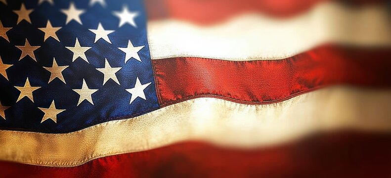 Close-up of waving stitched stars and stripes on textured flag fabric conveying nostalgic patriotic pride