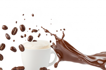A dynamic and visually appealing scene featuring a white coffee cup with frothy milk. surrounded by splashes of rich chocolate and scattered coffee beans. set against a clean white background. perfect