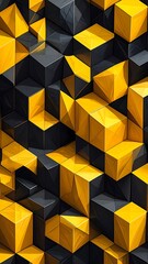 Abstract geometric pattern of black and yellow cubes in a dense, textured, and three-dimensional arrangement