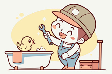 Joyful cartoon plumber ready to fix the tub, a cute rubber ducky watching, perfect for children's content or playful home repair services promotions