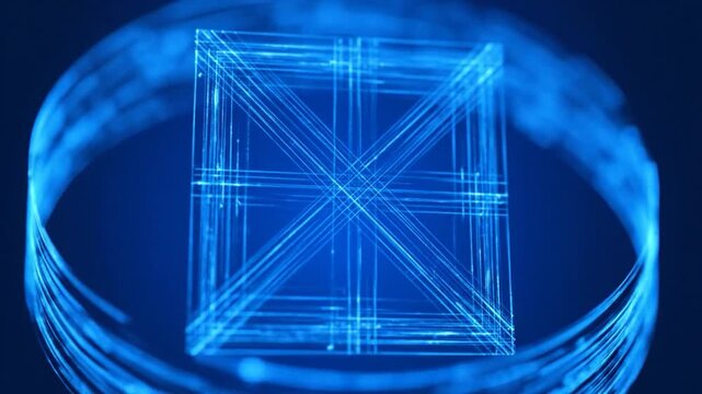 Abstract blue image featuring a glowing, geometric cube shape within swirling linear forms