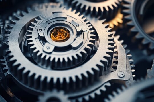 Close-up of interlocking metal gears and cogs with a central golden bearing, polished steel teeth, bolts and a warm glow conveying intricate industrial precision and motion