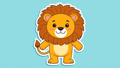 Adorable cartoon lion with a fluffy mane, standing on a soft blue background with a white border sticker effect