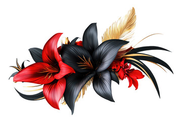 A floral arrangement featuring striking red and black lilies intertwined with golden leaves. set against a clean white background. ideal for decorative or artistic use