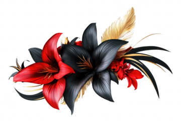 A floral arrangement featuring striking red and black lilies intertwined with golden leaves. set against a clean white background. ideal for decorative or artistic use