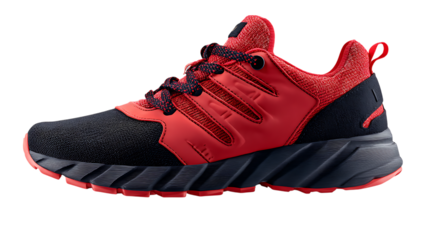 Red and black running shoe isolated on transparent background for active lifestyle