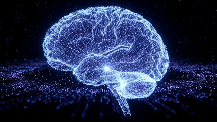 Obraz premium Digital Brain Concept with Glowing Neural Network in Blue and White on Dark Background