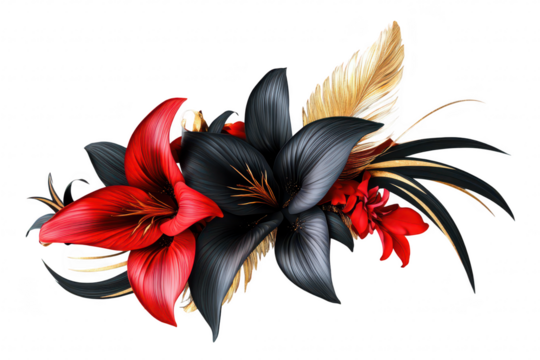 A floral arrangement featuring striking red and black lilies intertwined with golden leaves. set against a clean white background. ideal for decorative or artistic use