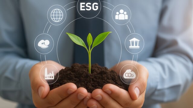 Business hands holding plant with esg icons for corporate growth