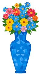 A tall blue vase holds a vibrant bouquet of colorful daisy-like flowers with green leaves against a plain background