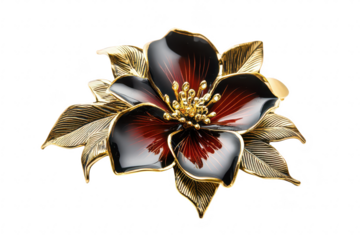 A beautifully crafted flower brooch featuring intricate gold leaves and deep red petals. set against a clean white background. perfect for fashion accessories or jewelry collections