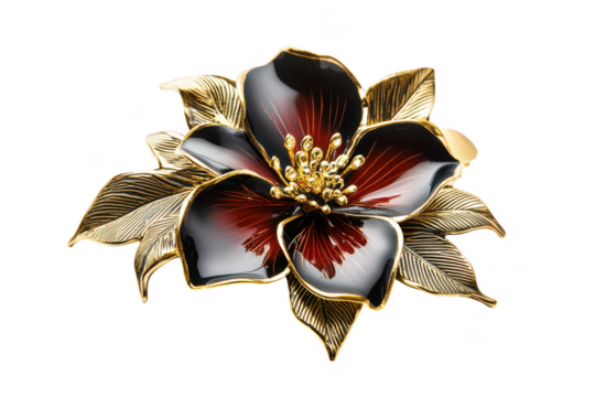 A beautifully crafted flower brooch featuring intricate gold leaves and deep red petals. set against a clean white background. perfect for fashion accessories or jewelry collections