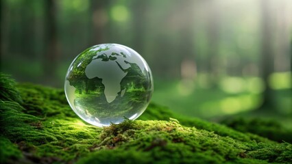 Earth globe made of glass rests on moss in sunlit forest setting.