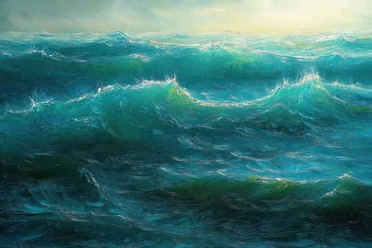 turquoise ocean waves rolling under soft golden sunrise light, turbulent yet tranquil seascape