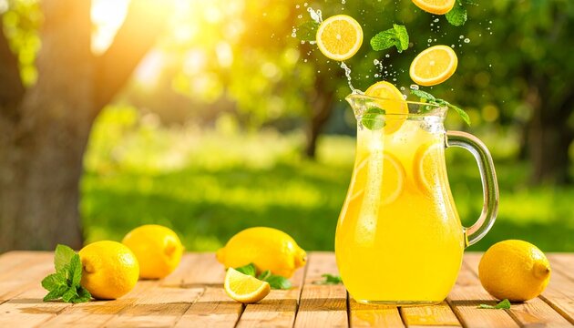 Refreshing lemonade pitcher with lemons and mint, set outdoors on a wooden table.