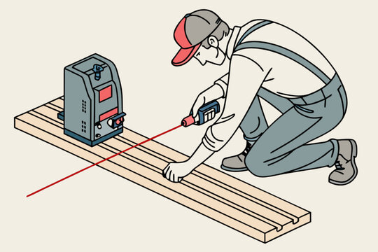 Skilled construction worker using laser level for precision carpentry, ensuring accuracy on wooden planks, demonstrating professional technique and expert craftsmanship