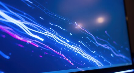 Dynamic luminous trails flow across a deep blue digital display surface