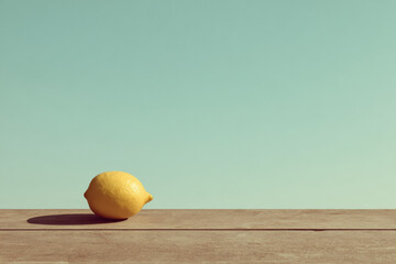 single lemon perched on edge of wooden table basking in warm sunlight
