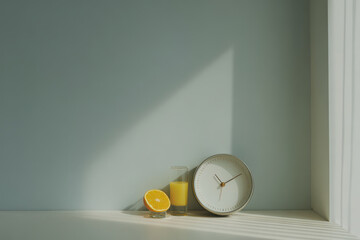 minimalist alarm clock sits gracefully against soft pastel wall evoking tranquility