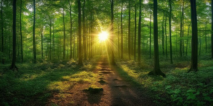 Sunlit forest path between tall leafy trees with mossy stones and dappled green foliage, golden rays piercing the canopy creating a peaceful, hopeful atmosphere