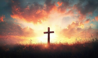wooden cross on a grassy hill at sunrise with glowing dramatic clouds and golden light, evoking peaceful, hopeful and reverent contemplation