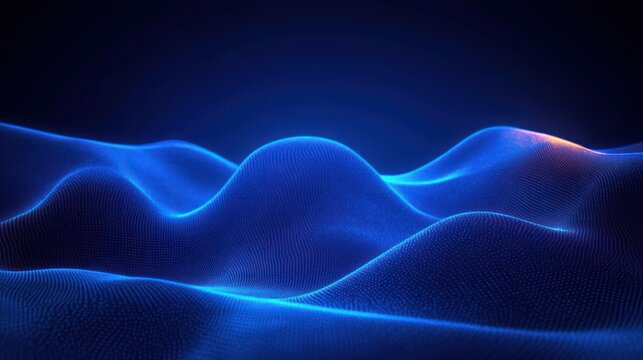 glowing blue digital wave landscape of dotted grid hills with a soft orange highlight, evoking a futuristic calm and serene mood