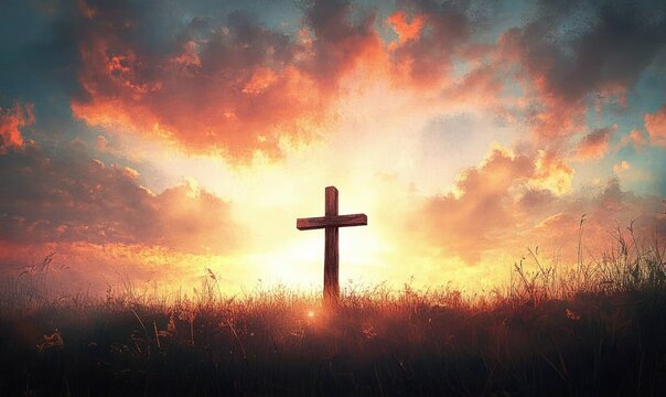 wooden cross on a grassy hill at sunrise with glowing dramatic clouds and golden light, evoking peaceful, hopeful and reverent contemplation
