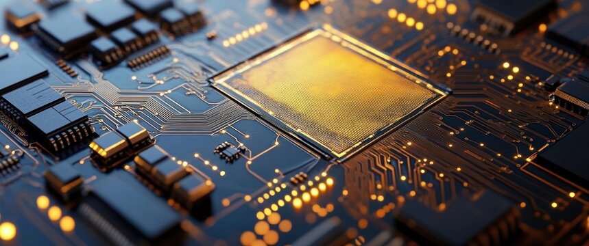 Close-up of a computer circuit board with a glowing golden microchip, detailed traces and electronic components, sleek futuristic high-tech feel with warm ambient lighting