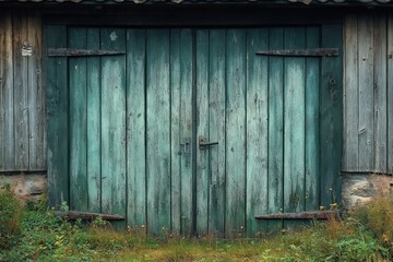 Weathered teal double barn doors with rusted metal hinges and latch in aged wooden siding above stone foundation, framed by overgrown grass and small yellow wildflowers, quiet rustic melancholy