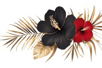 A arrangement of black and red hibiscus flowers surrounded by golden tropical leaves. creating an elegant and exotic backdrop suitable for invitations or decor