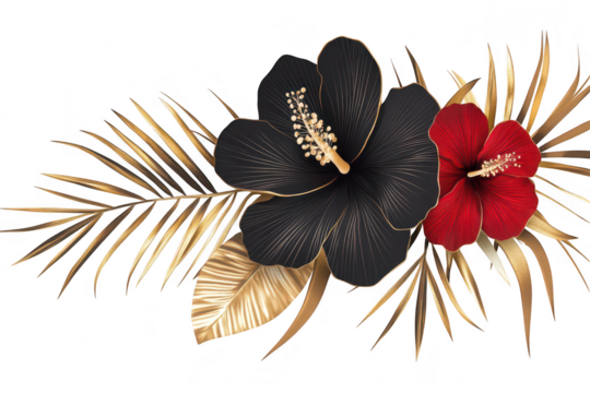 A arrangement of black and red hibiscus flowers surrounded by golden tropical leaves. creating an elegant and exotic backdrop suitable for invitations or decor