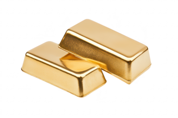 Two gleaming gold bars stacked closely on a clean white surface. their shiny texture and reflecting light. ideal for financial or investment-related imagery