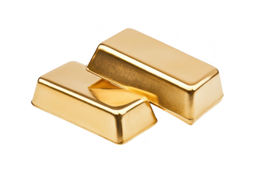 Two gleaming gold bars stacked closely on a clean white surface. their shiny texture and reflecting light. ideal for financial or investment-related imagery