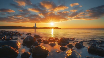 Golden sunburst over rocky shoreline with lighthouse silhouette, calm reflective sea, glowing clouds and a tranquil peaceful mood